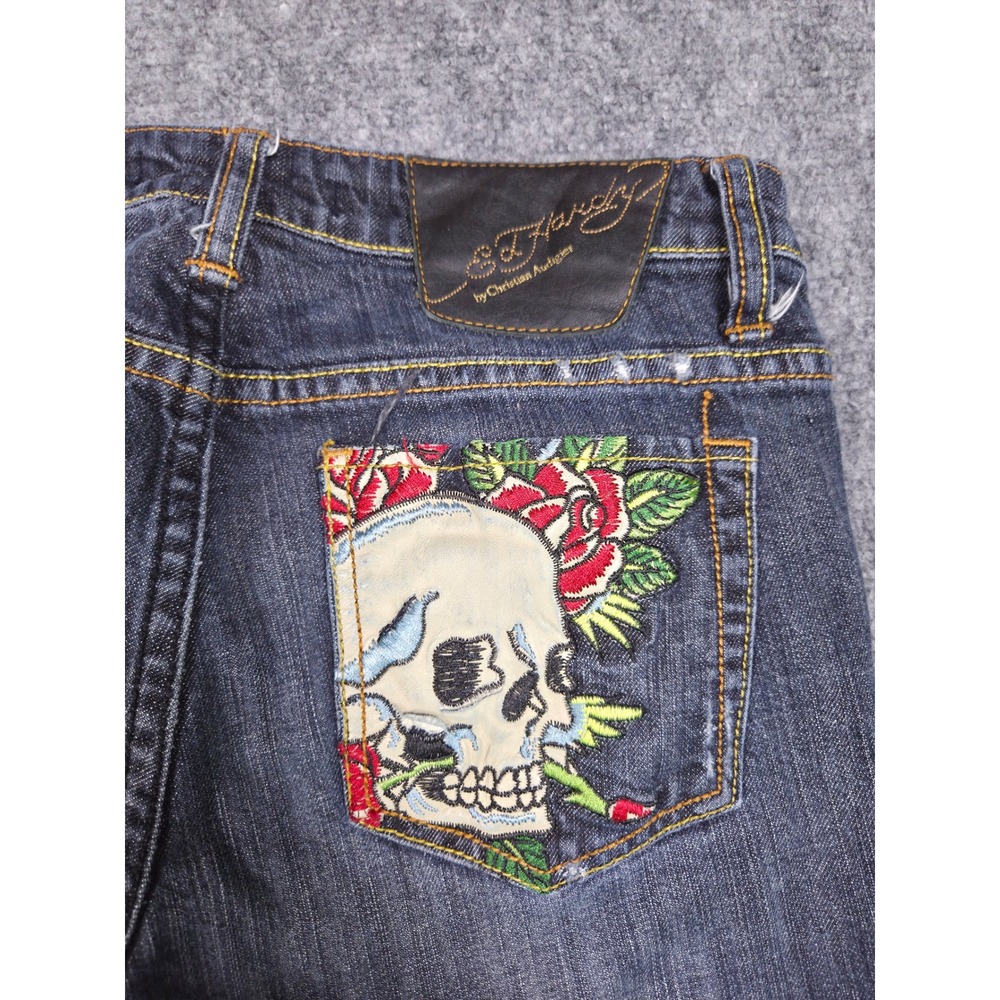 Ed Hardy Jeans Womens 28 Blue Skull Rose Embroidered‎ Bootcut Low Rise Y2K